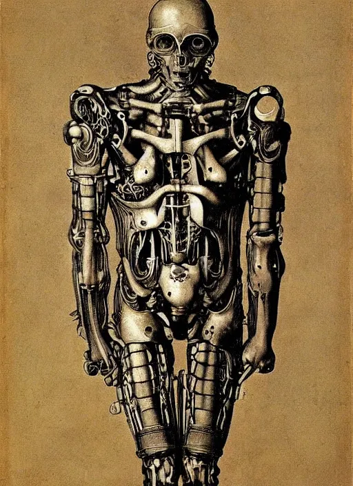 Image similar to cyborg cybernetic exoskeleton by Albrecht Dürer