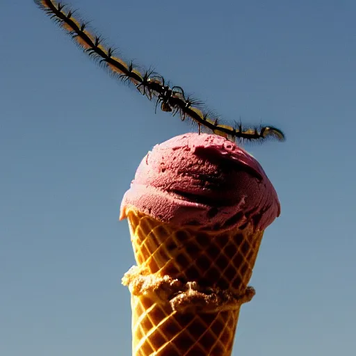 Prompt: detailed color photograph of a levitating ice cream cone with hairy, wriggling spider legs. shallow depth - of - field. dramatic light.