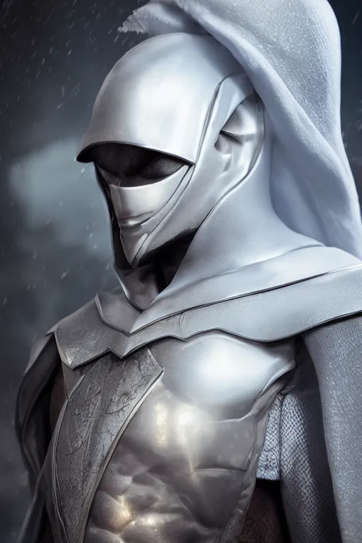 Image similar to hyperrealistic photography of Moon Knight mixed with Elf and Blade style of Hossein Diba, Gal Yosef, full-shot, 4k, highly detailed, cinematic lighting, photorealistic, 3d render, award winning render, unreal engine, masterpiece, octane render, sharp focus, studio lighting, 8k, hd