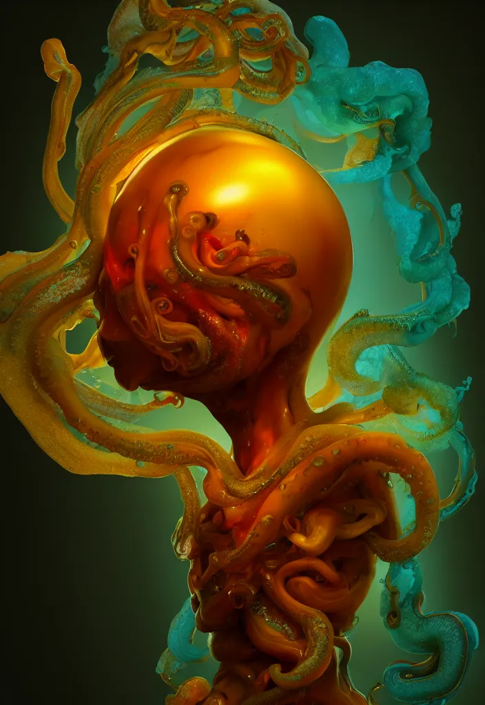 Image similar to subsurface scattering, alien made of soft wax, cgsociety, translucent, organic squid and ceramic art nouveau swirls, golden orbs, colored smoke, in the style of alberto seveso and ruan jia and beeple and giger, mystical colors, back light, rim light, dramatic lighting, 8 k, stunning scene, raytracing, octane render