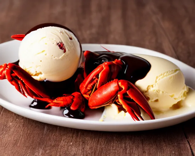 Prompt: dslr food photograph of vanilla ice cream with crawfish, some chocolate sauce, 8 5 mm f 1. 4