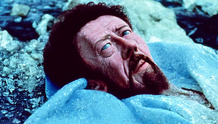 Image similar to 1 9 6 0 s movie still close up of marcus aurelius frozen to death in a blue cape in a river with gravel pebbles, pine forests, cinestill 8 0 0 t 3 5 mm, high quality, heavy grain, high detail, texture, dramatic light, anamorphic, hyperrealistic, detailed hair