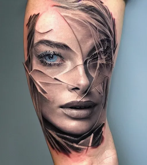 Image similar to tattoo design sketch double exposure of margot robbie blended in beautiful mountain scenery, creative mash up, in the style of arlo dicristina, surrealist, amazing detail, sharp