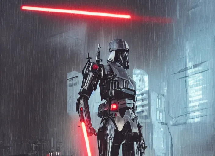 Image similar to 3 5 mm portrait photo of ( general grievous )!! with heavy duty biomechanical cybernetic body with 4 arms holding red lightsabers in the city in the rain. cyberpunk horror in the style of george lucas.