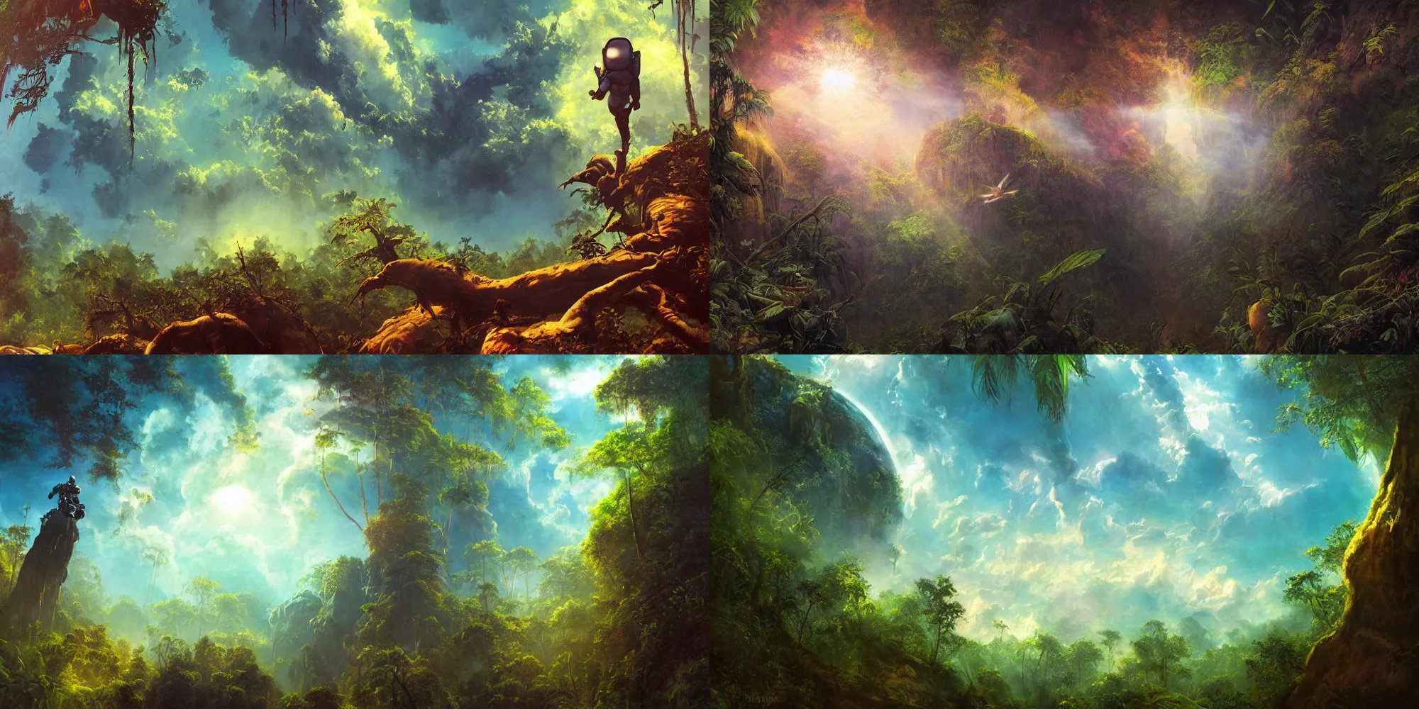 Prompt: lost astronaut in moody frazetta jungle , cyan mist , big hole in the ground , extremely textured frazetta oil painting panorama dramatic sky hardlight backlight