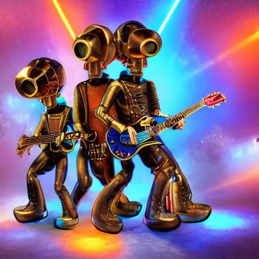 Image similar to album art, rockband with 3 steampunk robots playing guitar, text robos rock, 8 k, flourescent colors, halluzinogenic, multicolored, exaggerated detailed, front shot, 3 d render, octane