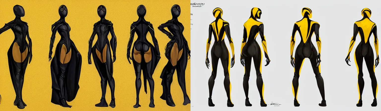 Prompt: full body character turnaround of a woman in an orb weaver outfit, character sheet, matte painting, spiderwoman!!, john singer sargent, good value control, highly detailed portrait, character turnaround, digital painting, concept art, sharp focus, smooth, illustration, yellow and black color scheme, realistically proportioned body, 8 k