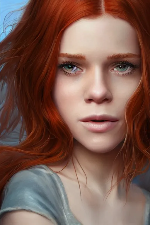 Image similar to ultra realistic style illustration of a beautiful cute red haired joyful teen girl, long hair, face of teen kate mara, sci - fi, fantasy, intricate, elegant, digital painting, artstation, concept art, smooth, sharp focus, illustration, 8 k frostbite 3 engine, ultra detailed, art by artgerm and greg rutkowski and magali villeneuve