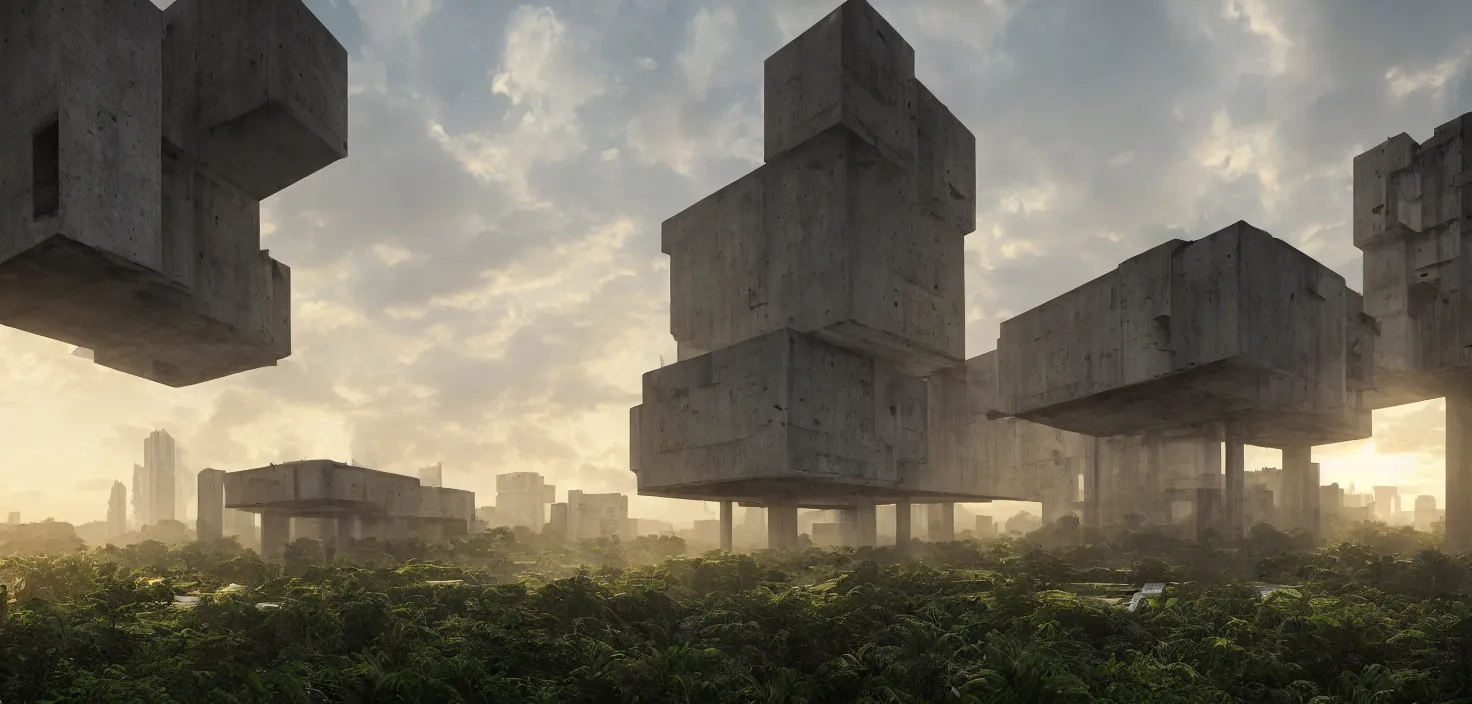 Image similar to simple brutalist architecture, surrounded by lush green vegetation, stunning volumetric lighting, sunset, metal, concrete, translucent material, stunning skies, 8k, photorealistic, hyper detailed, unreal engine 5, IMAX quality, cinematic, epic lighting, digital painting in the style of DOOM, by Greg Rutkowski, trending on Artstation