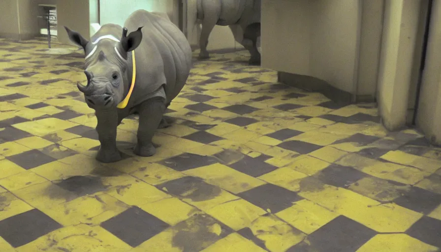 Image similar to a rhinoceros in a public bathroom with yellow tiles floor, by mini dv camera, very very low quality, heavy grain, heavy jpeg artifact blurry, caught on trail cam