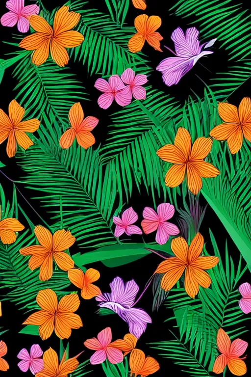 Image similar to sombre detailed vector illustration of photorealistic tropical flowers and green reeds, multiple cohesive colors ranging from warms purples to bright oranges on a ((very dark black background)), 4K resolution, trending on artstation, hd wallpaper