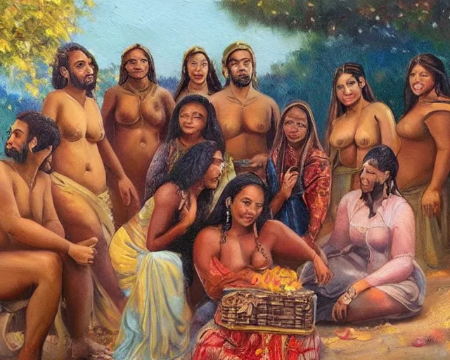 Image similar to beautiful oil painting of a brown man and his 7 wives in the afterlife. the beautiful curvy women are in love with their husband. lovely scene