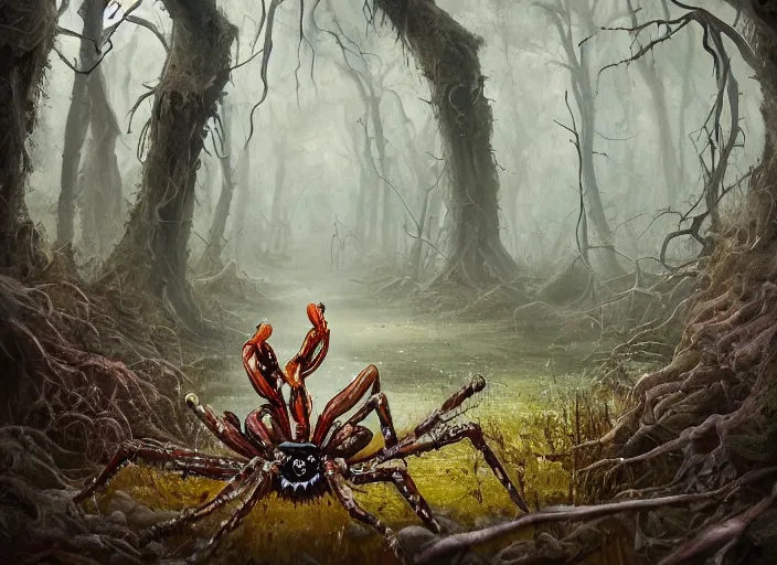 Prompt: Turrid forager, extremely detailed oil painting of a horrifying spider creature in a dark forest swamp by Diana Franco and Igor Kieryluk, trending on artstation