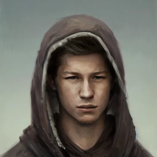 Image similar to portrait of a man by greg rutkowski, he looks like tye sheridan, he is about 2 0 years old, messy brown hair, tired eyes, he is wearing a black hoodie with hood, highly detailed portrait, digital painting, artstation, concept art, smooth, sharp foccus ilustration, artstation hq