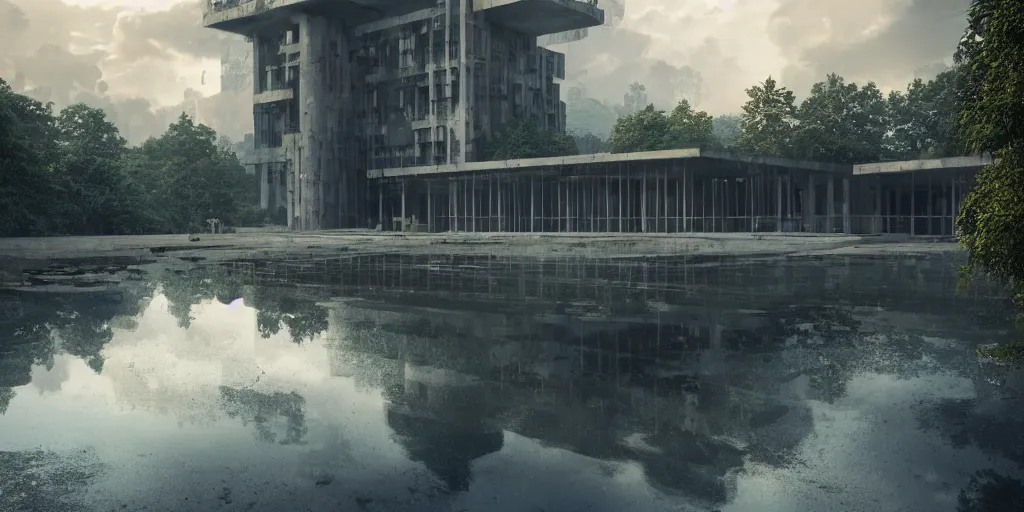Image similar to brutalist architecture, a stunningly detailed building, surrounded by lush green forest, ponds of water, stunning volumetric lighting, sunset, metal, concrete, stunning skies, trending on Artstation, 8k, photorealistic, hyper detailed, unreal engine 5, IMAX quality, cinematic, epic lighting, in the style of Greg Rutkowski