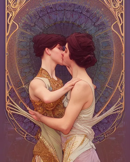 Image similar to the kiss | highly detailed | very intricate | art nouveau | gold filigree | romantic storybook fantasy | soft cinematic lighting | award - winning | painted by mandy jurgens and alphonse mucha and alena aenami | pastel color palette | featured on artstation