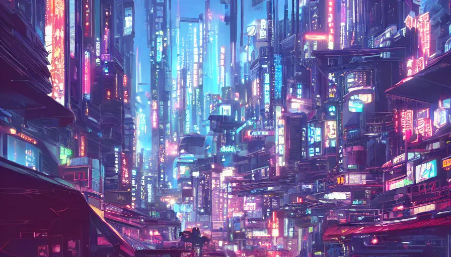 Image similar to A beautiful picture of an establishing shot of a cyberpunk neo tokyo city street by Sergey Vasnev and square pictures , trending on artstation