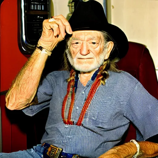 Image similar to willie nelson having a smoke in his trailer.