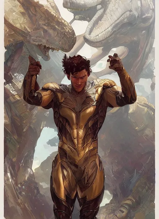 Image similar to a handsome man. he is wearing a dinosaur themed superhero costume. clean elegant painting, beautiful detailed face. by artgerm and greg rutkowski and alphonse mucha