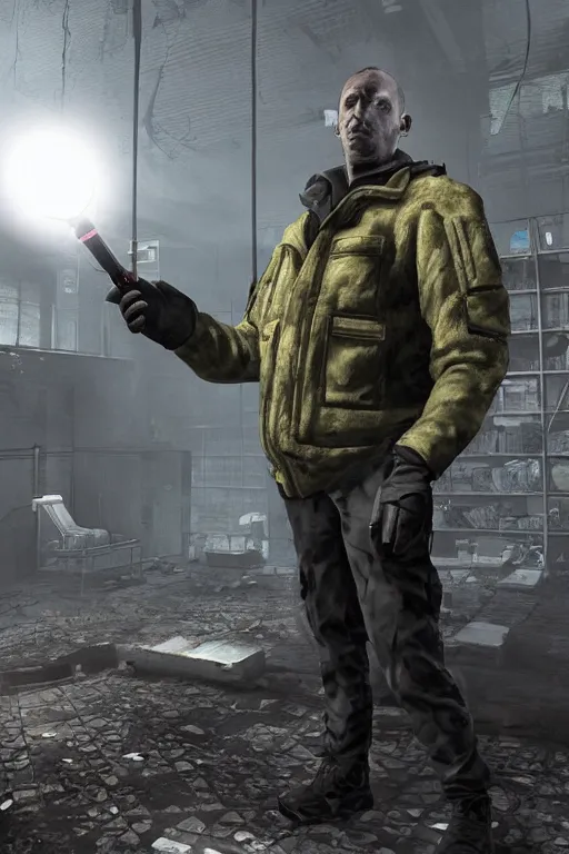 Image similar to a stalker with a detector in his hand from the game s.t.a.l.k.e.r stands next to a translucent luminous sphere in an abandoned factory