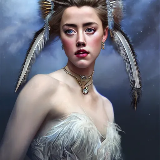 Image similar to hyperrealistic portrait of a woman as amber heard as greek goddess of the night sky wearing white swan dress wearing sapphire jewellery feather collar by jeremy mann and alphonse mucha, fantasy art, photo realistic, dynamic lighting, artstation, poster, volumetric lighting, very detailed faces, 4 k, award winning