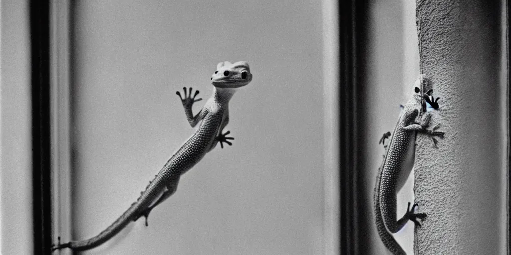 Prompt: 1980s magazine photo of a gecko next to a window with dappled natural light, smoky