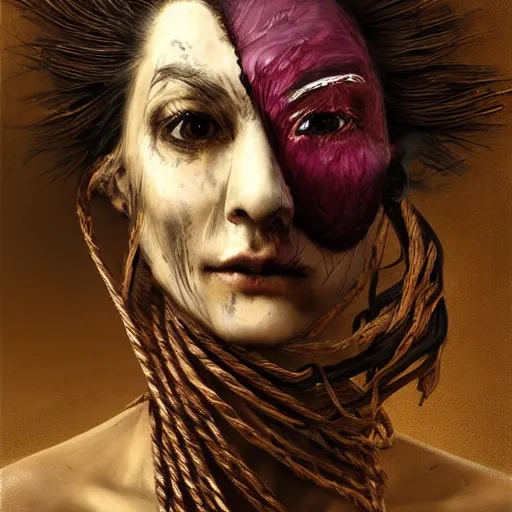 Image similar to portrait of a Shibari rope wrapped face and neck, headshot, insanely nice professional hair style, dramatic hair color, digital painting, of a old 17th century, old cyborg merchant, amber jewels, baroque, ornate clothing, scifi, realistic, hyperdetailed, chiaroscuro, concept art, art by Franz Hals and Jon Foster and Ayami Kojima and Amano and Karol Bak,