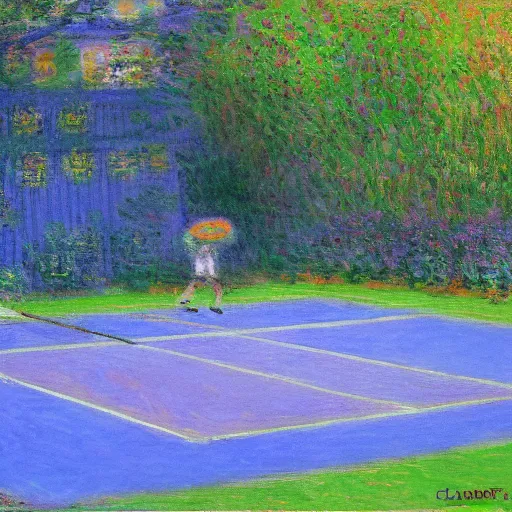 Image similar to tennis court, art by claude monet, impressionism, oil painting, bright colors, advertising painting