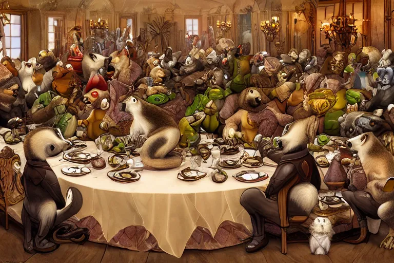 Prompt: badgers and weasels in a banquet hall having a feast together as friends, fantasy art, furry art, artastation, 4k