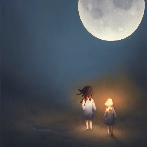 Prompt: At night, a little girl held her dog and looked at the Moon,trending on artstation,50mm, by Noah Bradley