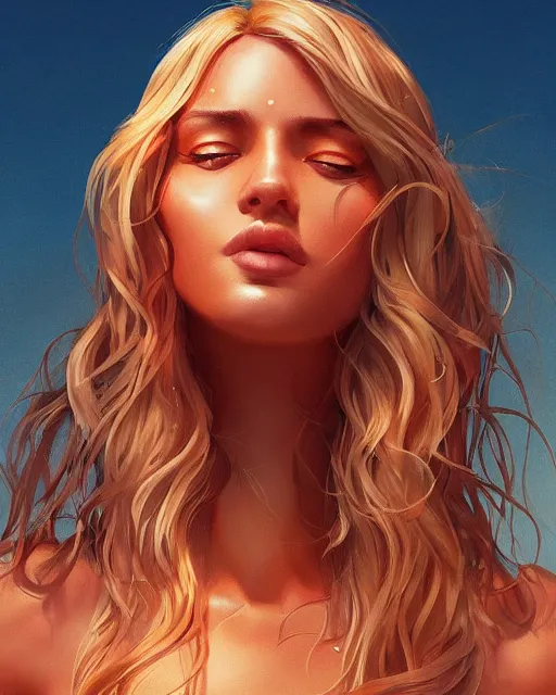 Image similar to summer vibes, beautiful sun tanned woman portrait, flowy golden hair, sun, summer, cinematic lighting, highly detailed, digital painting, trending on artstation, pixiv, concept art, sharp focus, illustration, art by ross tran and wlop