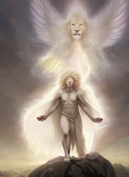 Image similar to aesthetic, religious fantasy portrait commission of an albino male furry anthro lion with giant feathery glowing angel wings flying in the heavenly cloudy sky wearing a silky white transparent cloak blowing in the wind, Atmospheric . Character design by charlie bowater, ross tran, artgerm, and makoto shinkai, detailed, inked, western comic book art, 2021 award winning film poster painting