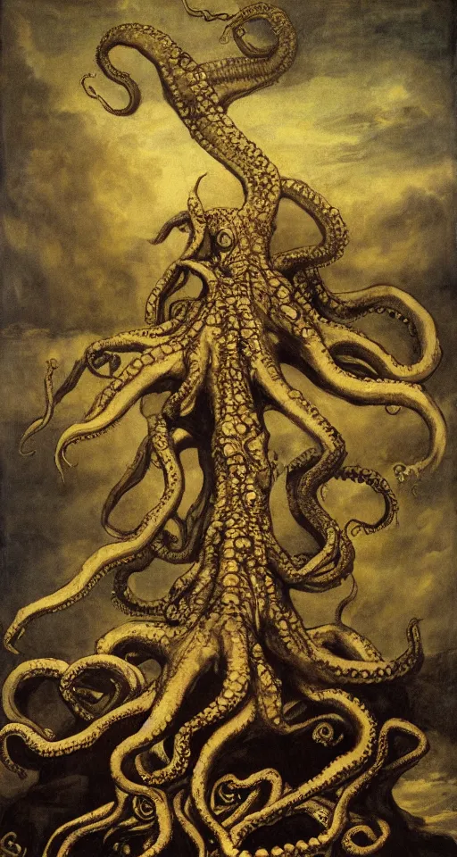 Image similar to mansion house of hungry giant octopus, standing on piles of limbs and bones, hyperrealistic, horror, gothic, lovecraftian, 4 k, realistic, high detail, gruesome, by francisco goya