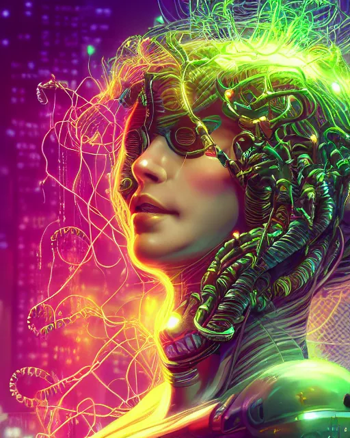 Image similar to a cyberpunk close up portrait of cyborg medusa, electricity, rainbow, snakes in hair, sparks, bokeh, soft focus, skin tones, warm, daylight, geometric, by unreal engine, paul lehr, jesper ejsing