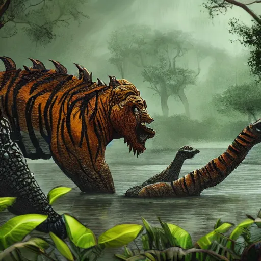 Image similar to A photograph of a giant monster lurking in the swamp, crocodile, mangrove swamp, murky water, vines, gorilla, trending on artstation, ((tiger)), Godzilla
