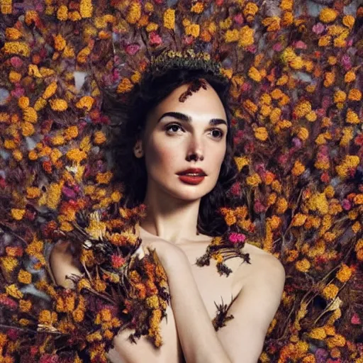 Image similar to full body fine art photo of the beauty gal gadot, she has a crown of dried flowers and she is wearing a fashionist conceptaul dress made of dried roses, taken by oleg oprisco