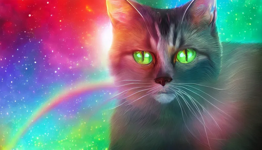 Prompt: rainbow cat with green eyes in the stars, hyperdetailed, artstation, cgsociety, 8 k