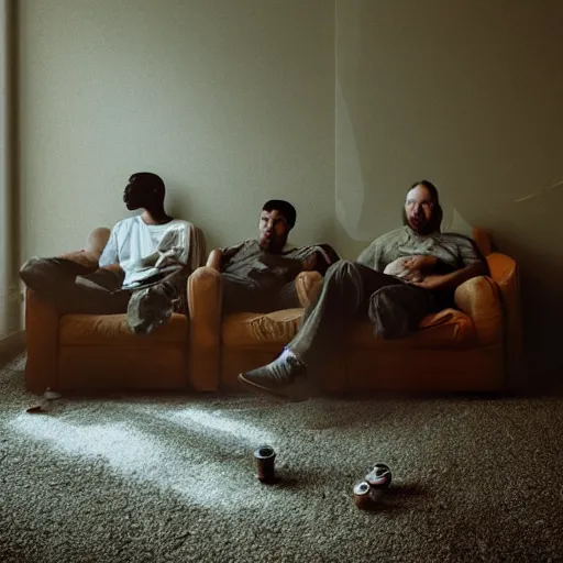 Prompt: gang members chilling around dirty couch in a beige room smoking thick volumetric dust god rays shines through the blinds kinda atmosphere jonathan zawada style photography