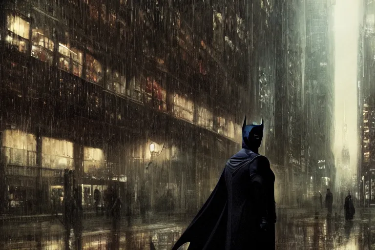 Image similar to a cinematic painting of bill crosby as batman near a dystopian cityscape on a rainy day, beautiful lighting, high depth, ultra realistic, artistic, by annie leibovitz