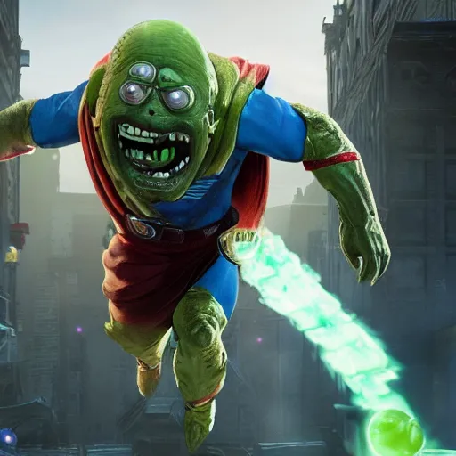 Image similar to pickle rick as superman! in gears of war, splash art, movie still, detailed face, photorealistic facial features, cinematic lighting, dramatic, octane render, long lens, shallow depth of field, bokeh, anamorphic lens flare, 8 k, hyper detailed, 3 5 mm film grain