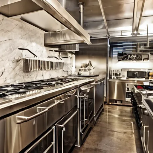 Image similar to fancy restaurant kitchen counter with shiny silver ovens and marble counters and fresh food just chopped.