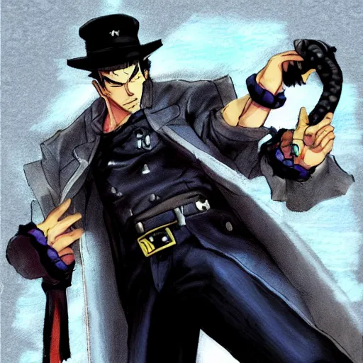 Prompt: Jotaro Kujo from JoJo's Bizarre Adventure, drawn by Akihiko Yoshida in the style of Bravely Default II, highly detailed, trending on art station, sci-fi themed, dynamic posing