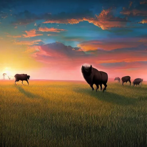 Prompt: a herd of bisons running in the prairie. epic sunset. a lone cowboy is riding on his horse following them. masterpiece. accidentally tripping on dmt and acid, psychedelic experience, overwhelming psychosis of self realization and burning awakening, ultra high definition, unreal engine 5, hyperrealism, masterpiece composition, by casey weldon, barclay shaw 8 k photorealistic