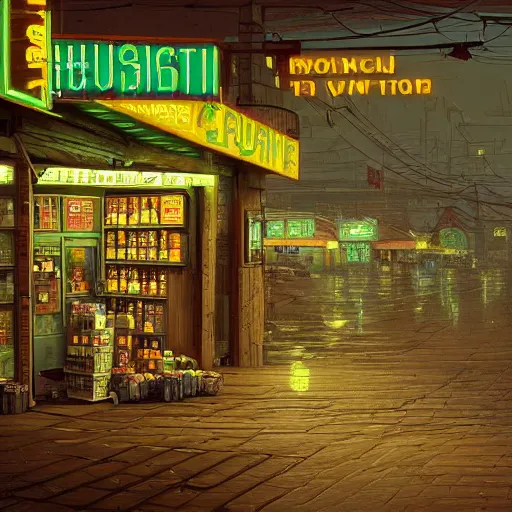 Image similar to concept art of a wooden decorated liquor store on the coast, a very misty day, industrial surrounding, painted pale yellow and green, old tv and radio hardware, a neon sign, by ian mcque ferdinand knab, makoto shinkai and, artgerm, pixar, ilya kuvshinov,, tom bagshaw, global illumination