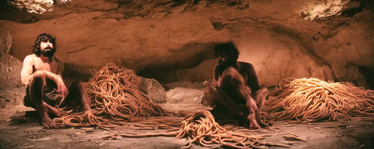 Image similar to a caveman sitting alone next to giant mound of spaghetti, fire in a cave at night, canon 5 0 mm, facial expression, cinematic lighting, photography, retro, film, kodachrome