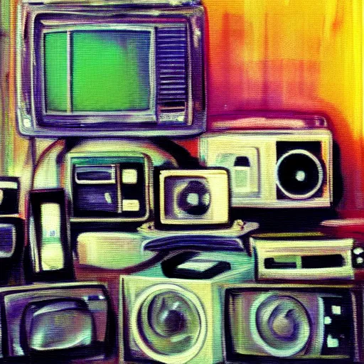 Image similar to array of crt televisions, tv static, antenna, stacked, polaroid, steroids, adult video store, impressionist painting, painting, oil painting, cell shaded, fuzzy