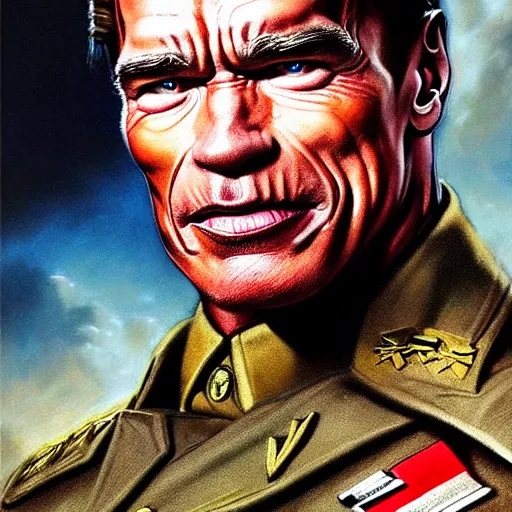 Image similar to uhd photorealistic arnold schwarzenegger in nazi uniform, by amano, ayami kojima, greg rutkowski, lisa frank, mark brooks, and karol bak, masterpiece, cinematic composition, dramatic pose, studio lighting, correct face, hyperdetailed, intricate details