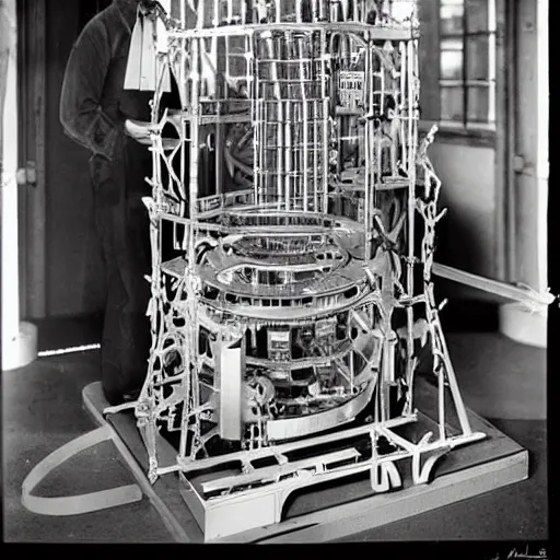 Prompt: albert einstein building intricate and complex clock time machine, vintage photograph