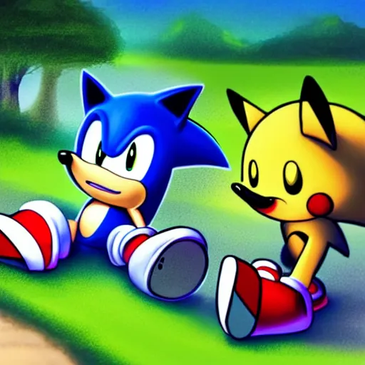 Prompt: sonic the hedgehog and pikachu on a date, digital art