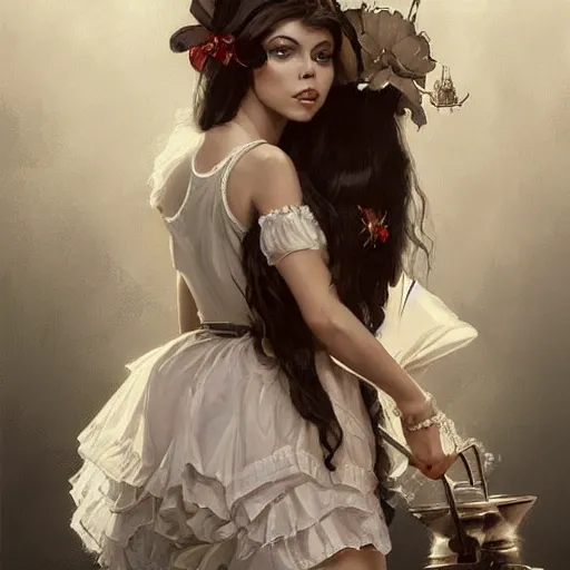 Prompt: a portrait of ornella muti as a french maid, urban motifs, intricate, elegant, highly detailed, digital painting, trending on artstation, concept art, smooth sharp focus, illustration, art by artgerm and greg rutkowski